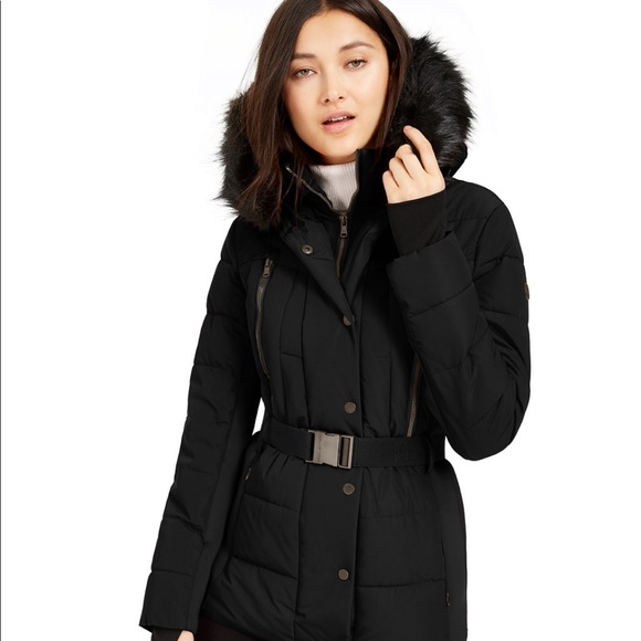 Faux Fur Trim Quilted Nylon Puffer Coat
